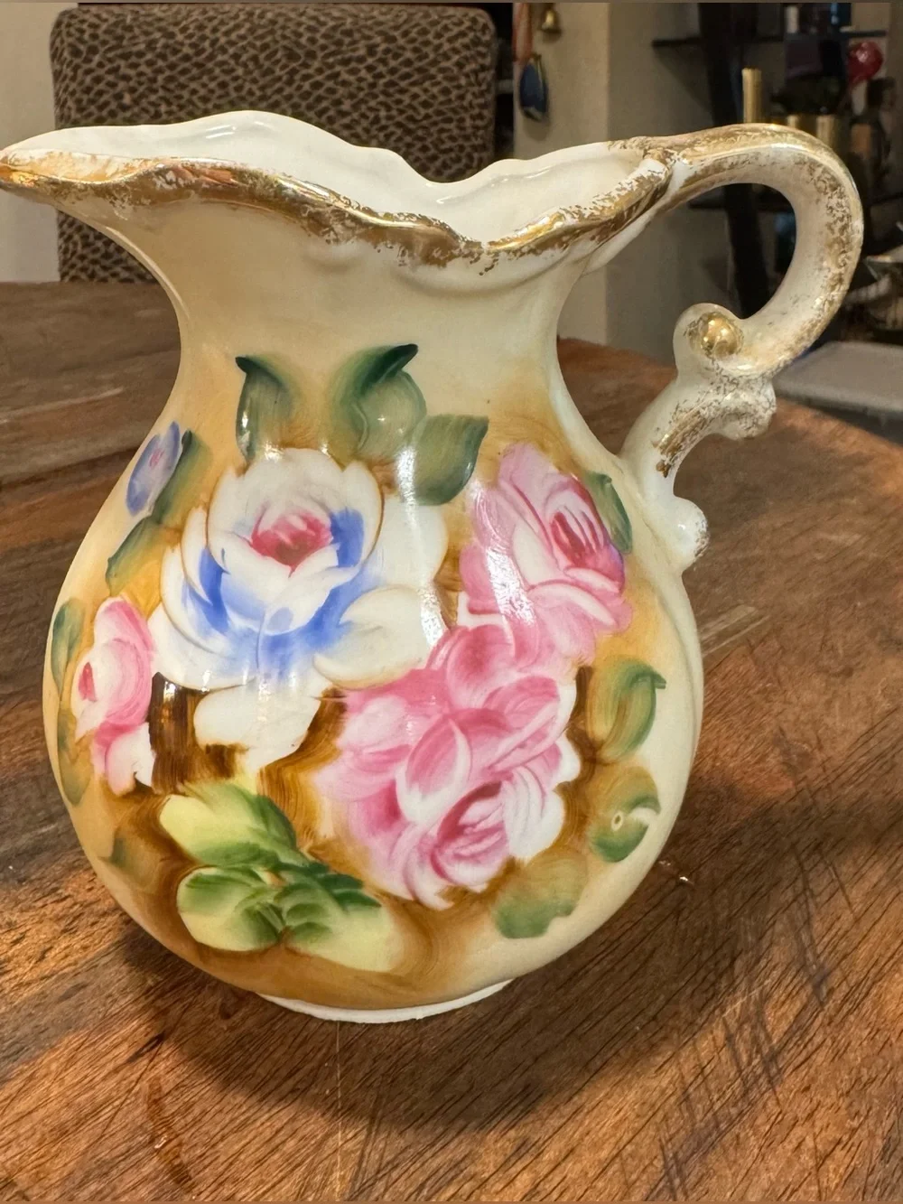 Vintage Norleans Japan Hand Painted Floral Pitcher Gold Gilt Cottage Chic Vase